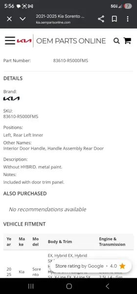 R5000fms Kia 83610 Handle Assembly Lh Inner Rear Sorento 2021-2025